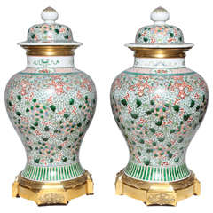 Pair Chinese 18th Century Famille Verte Porcelain Ginger Jars Mounted in Lou