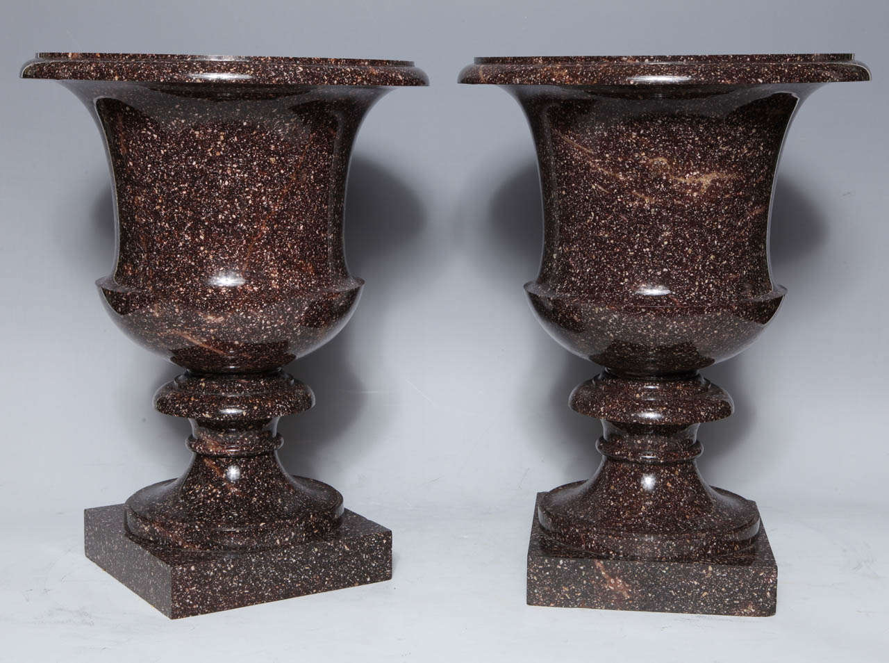 Hand-Carved Monumental Pair of Neoclassical Period, Swedish Porphyry Campagna Shaped Vases For Sale