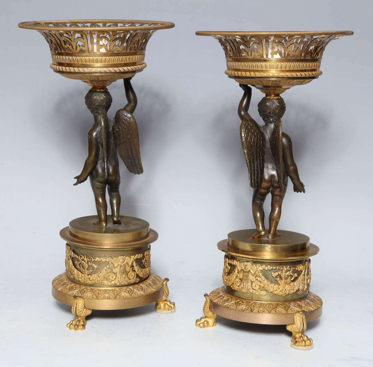 An Antique Pair of French Empire Period, Patinated & Dore Bronze Figural Centerpieces with Cupids 4