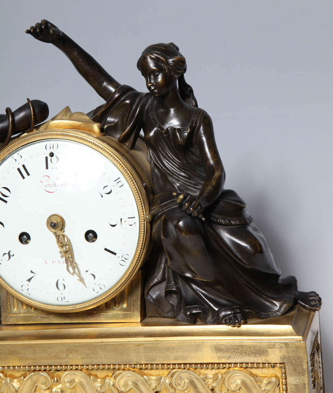 18th Century and Earlier A Louis XVI Period Antique French, Patinated and Dore Bronze Mounted Figural Clock For Sale