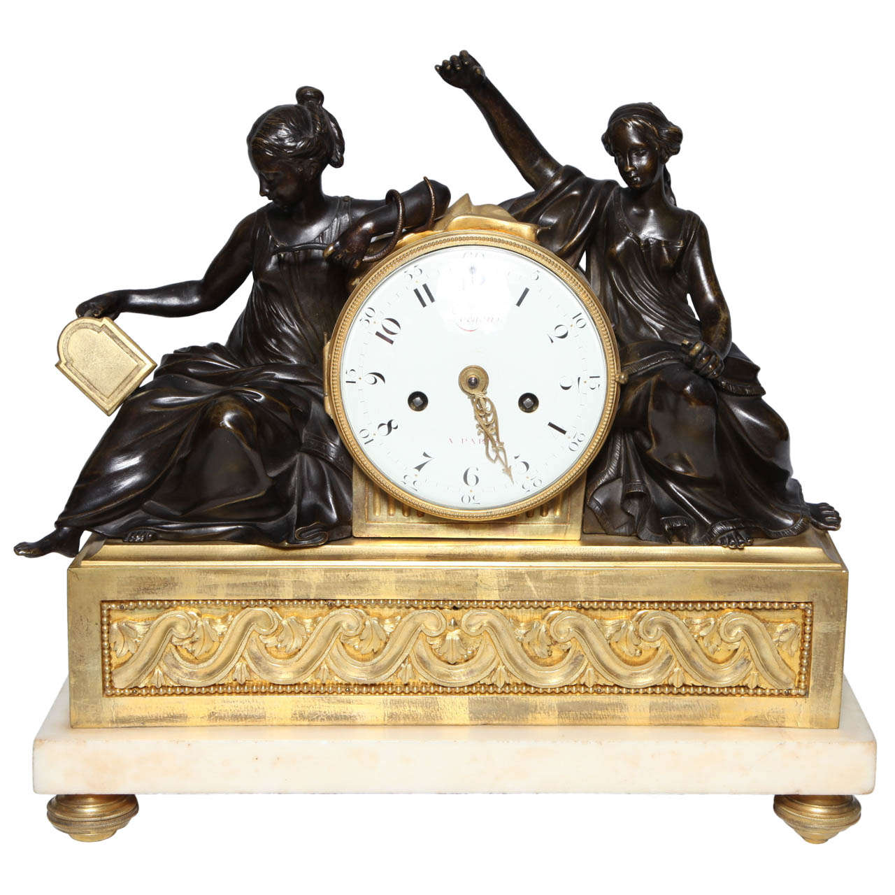 A Louis XVI Period Antique French, Patinated and Dore Bronze Mounted Figural Clock For Sale