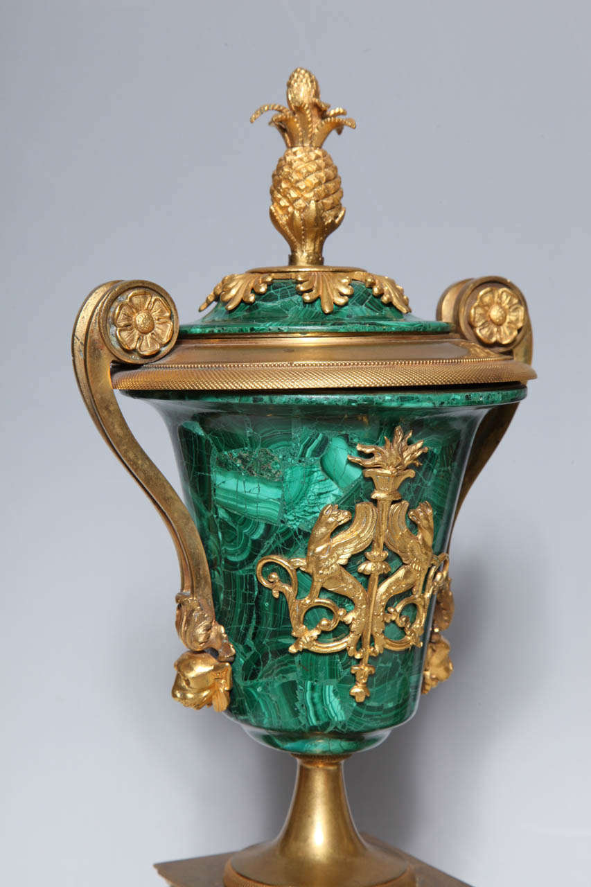 A Fine Pair of Antique Russian Empire Ormolu Mounted Malachite Covered Vases In Excellent Condition In New York, NY