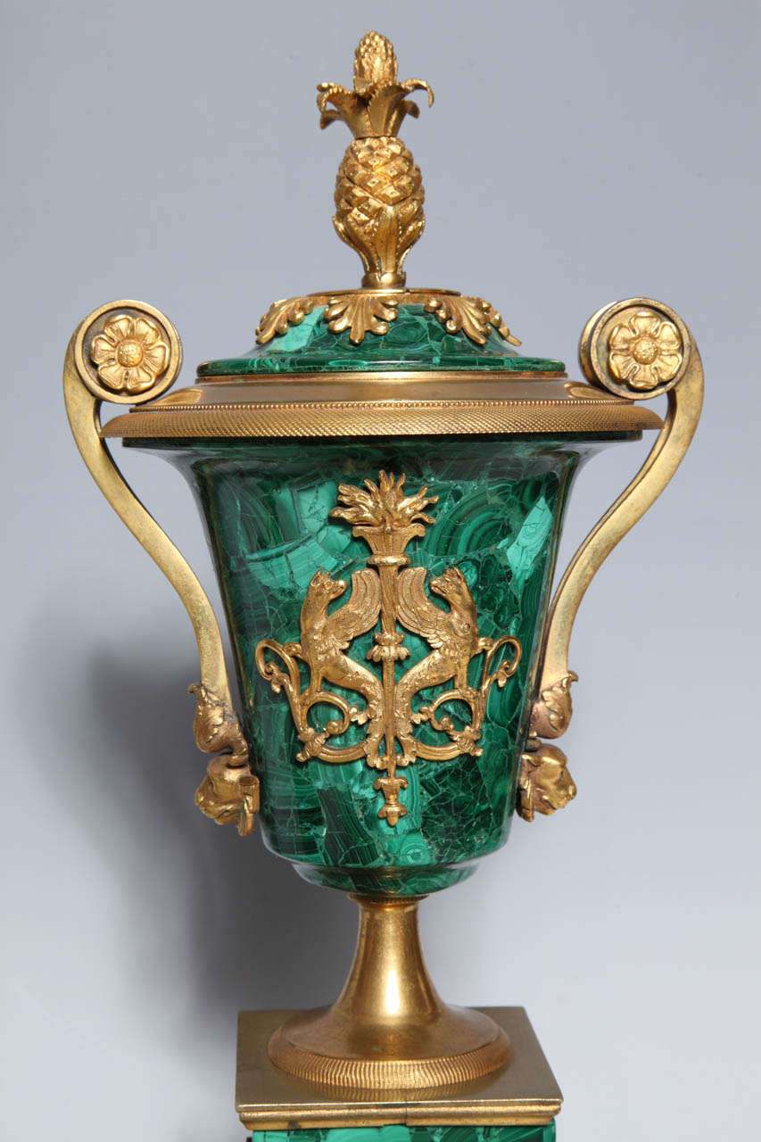 19th Century A Fine Pair of Antique Russian Empire Ormolu Mounted Malachite Covered Vases