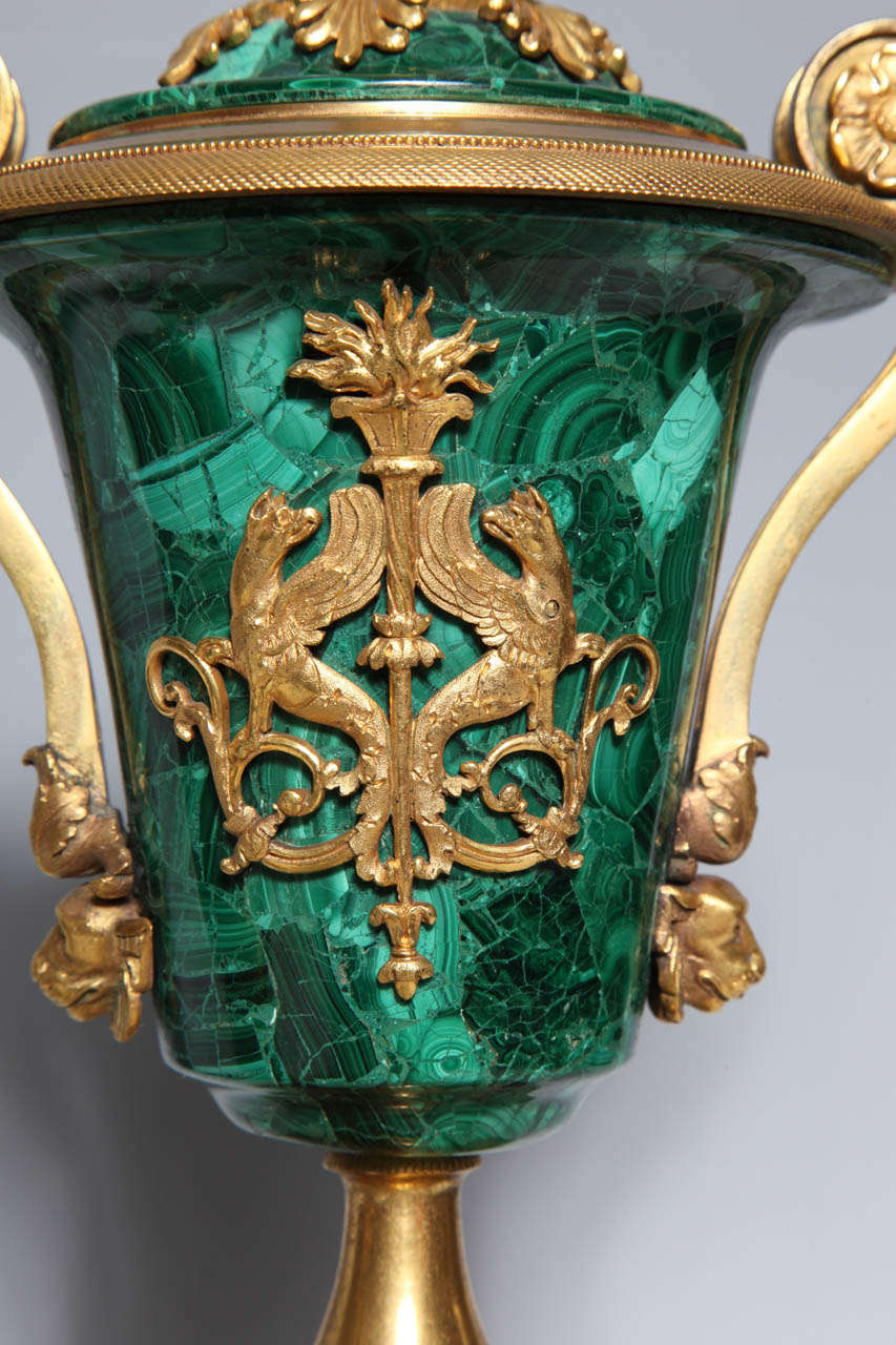 A Fine Pair of Antique Russian Empire Ormolu Mounted Malachite Covered Vases 2