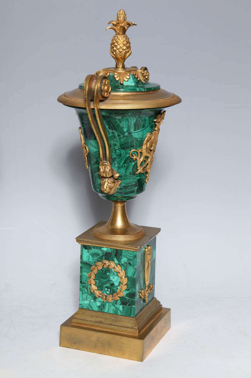 A Fine Pair of Antique Russian Empire Ormolu Mounted Malachite Covered Vases 3