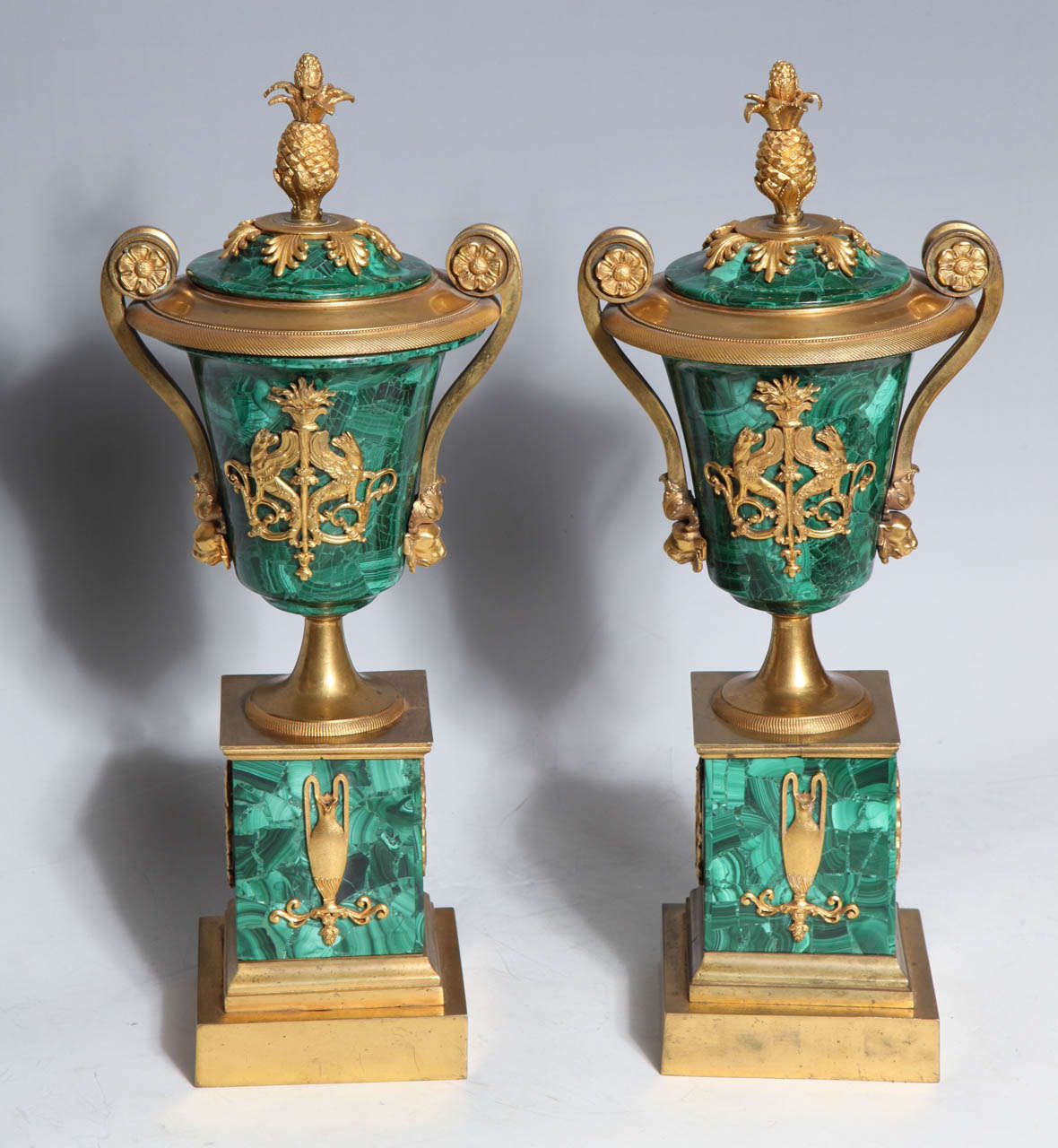 A Fine Pair of Antique Russian Empire Ormolu Mounted Malachite Covered Vases 4