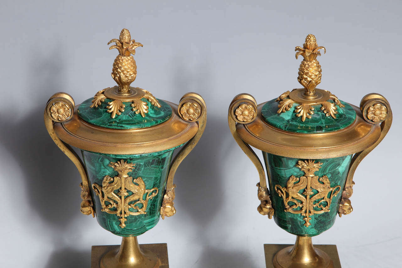 A Fine Pair of Antique Russian Empire Ormolu Mounted Malachite Covered Vases 5