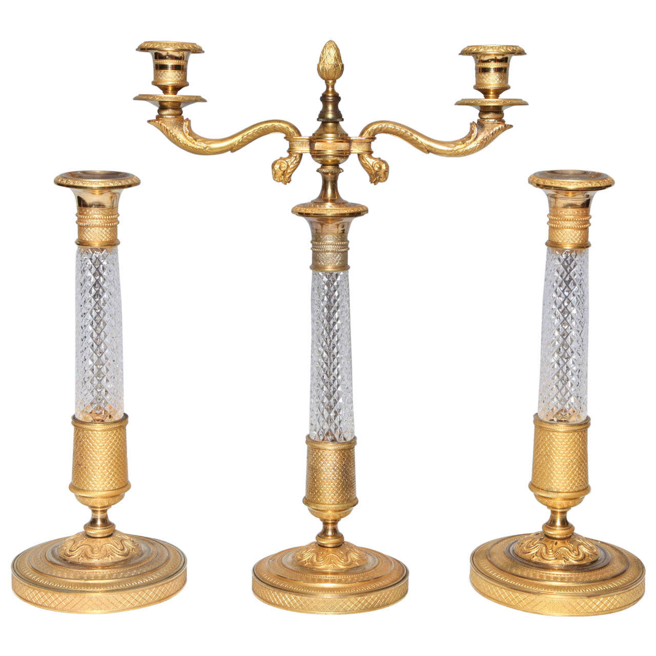 French Cut Crystal and Dore Bronze-Mounted Candlestick/Candelabra Garniture Set