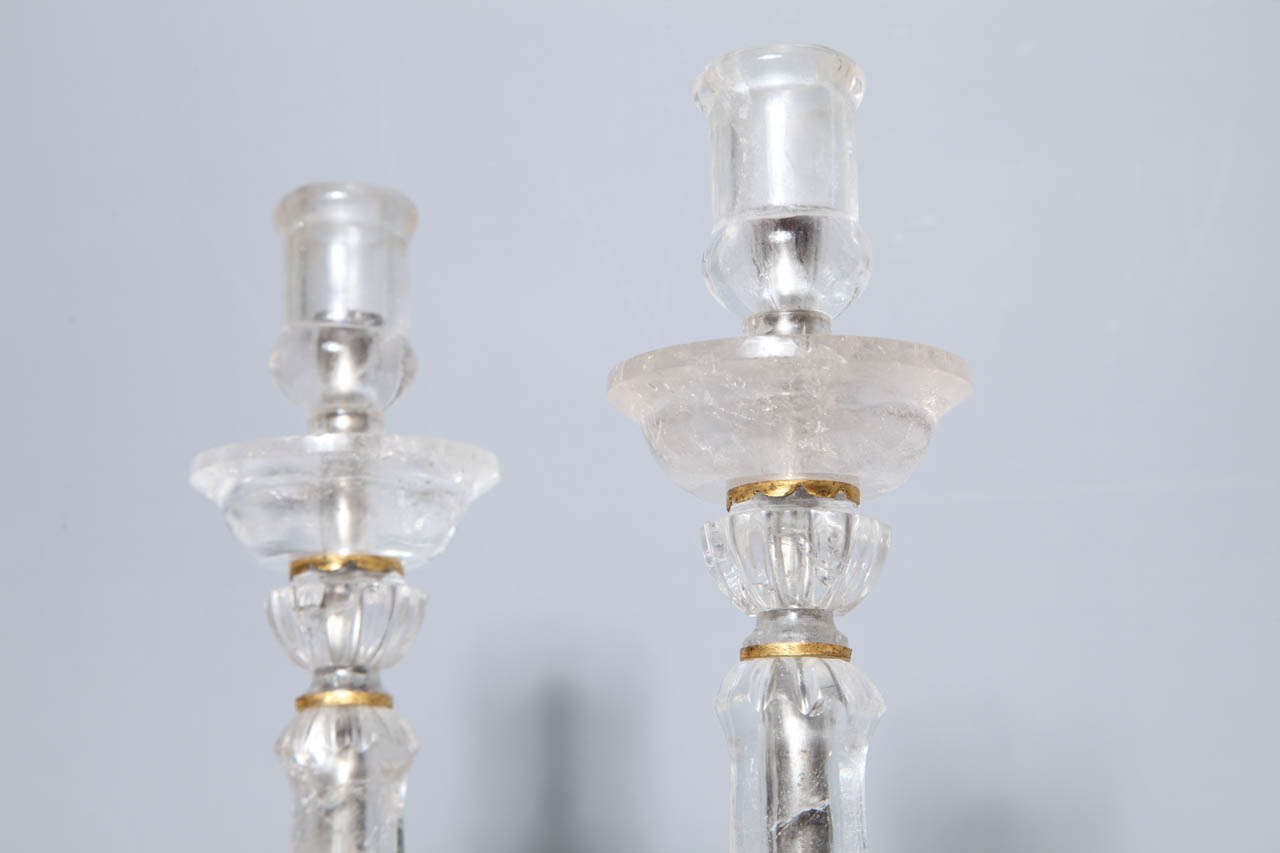 An Antique Pair French Art Deco Rock Crystal Candlesticks Attributed to 