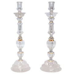An Antique Pair French Art Deco Rock Crystal Candlesticks Attributed to "Bagues"