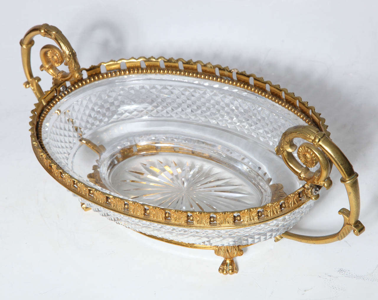 19th Century  Antique French Hand Diamond Cut Crystal and Bronze Dore two Handled Centerpie