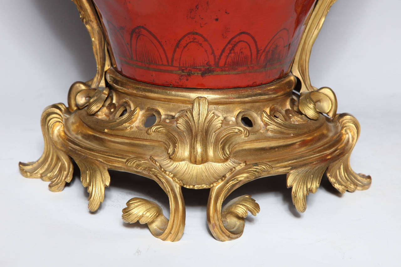 Gilt Large Pair of French Red Lacquer, Chinoiserie Decorated and Ormolu-Mounted Vases For Sale