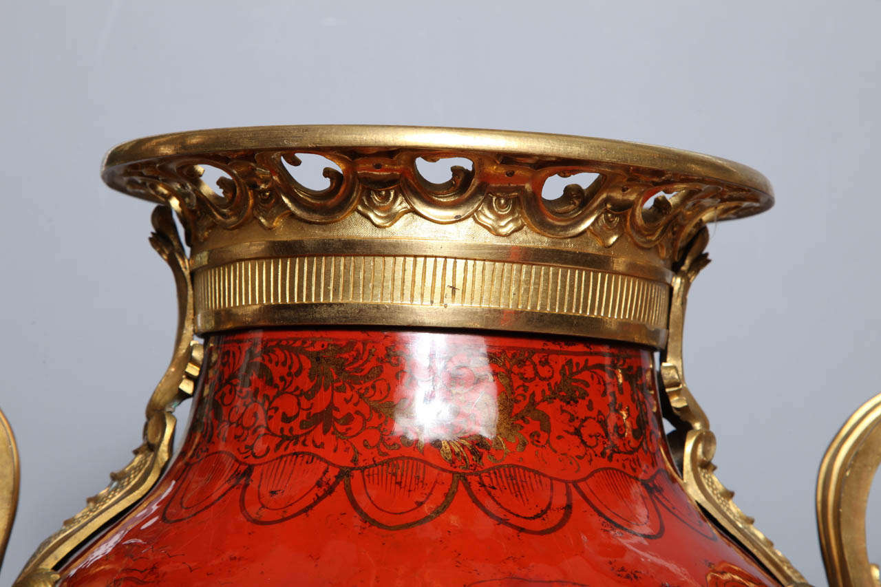 Large Pair of French Red Lacquer, Chinoiserie Decorated and Ormolu-Mounted Vases In Good Condition For Sale In New York, NY