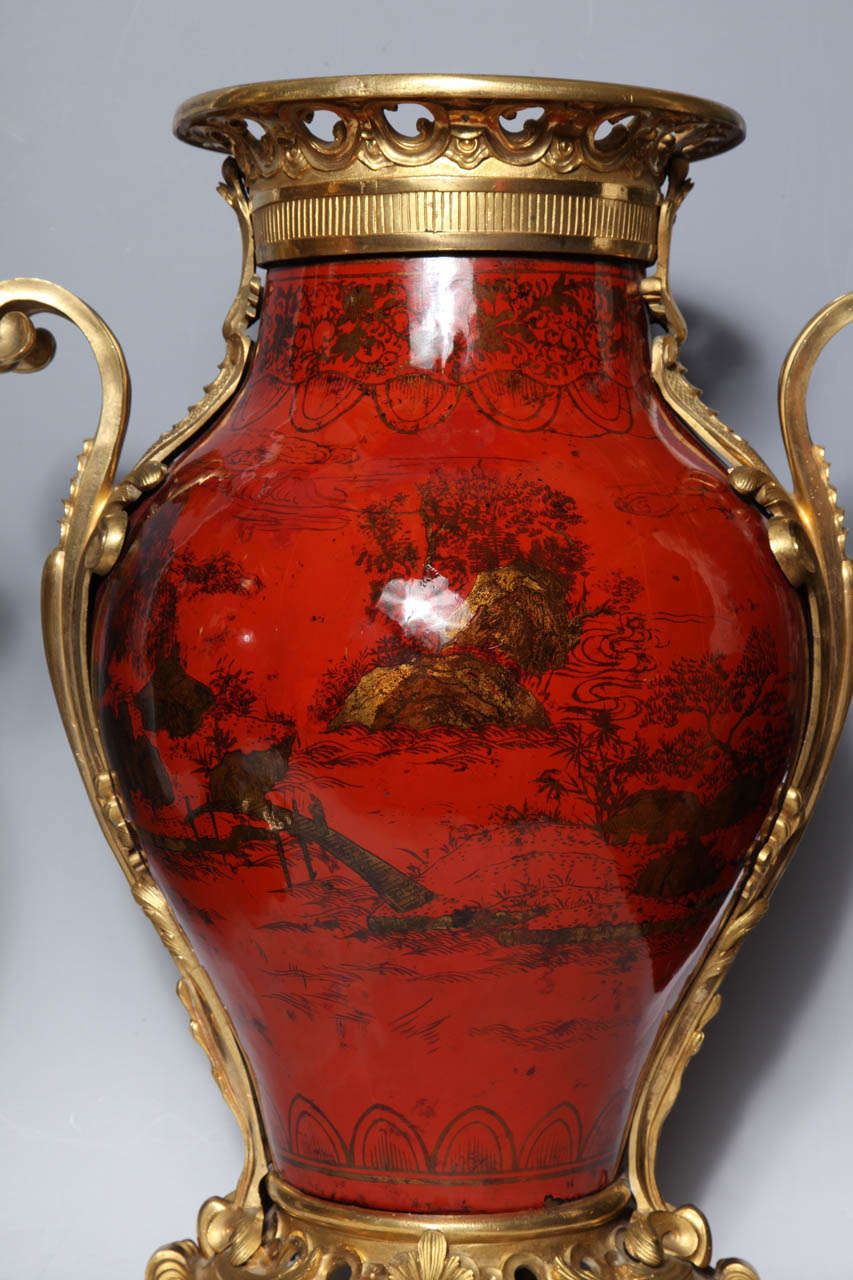 19th Century Large Pair of French Red Lacquer, Chinoiserie Decorated and Ormolu-Mounted Vases For Sale