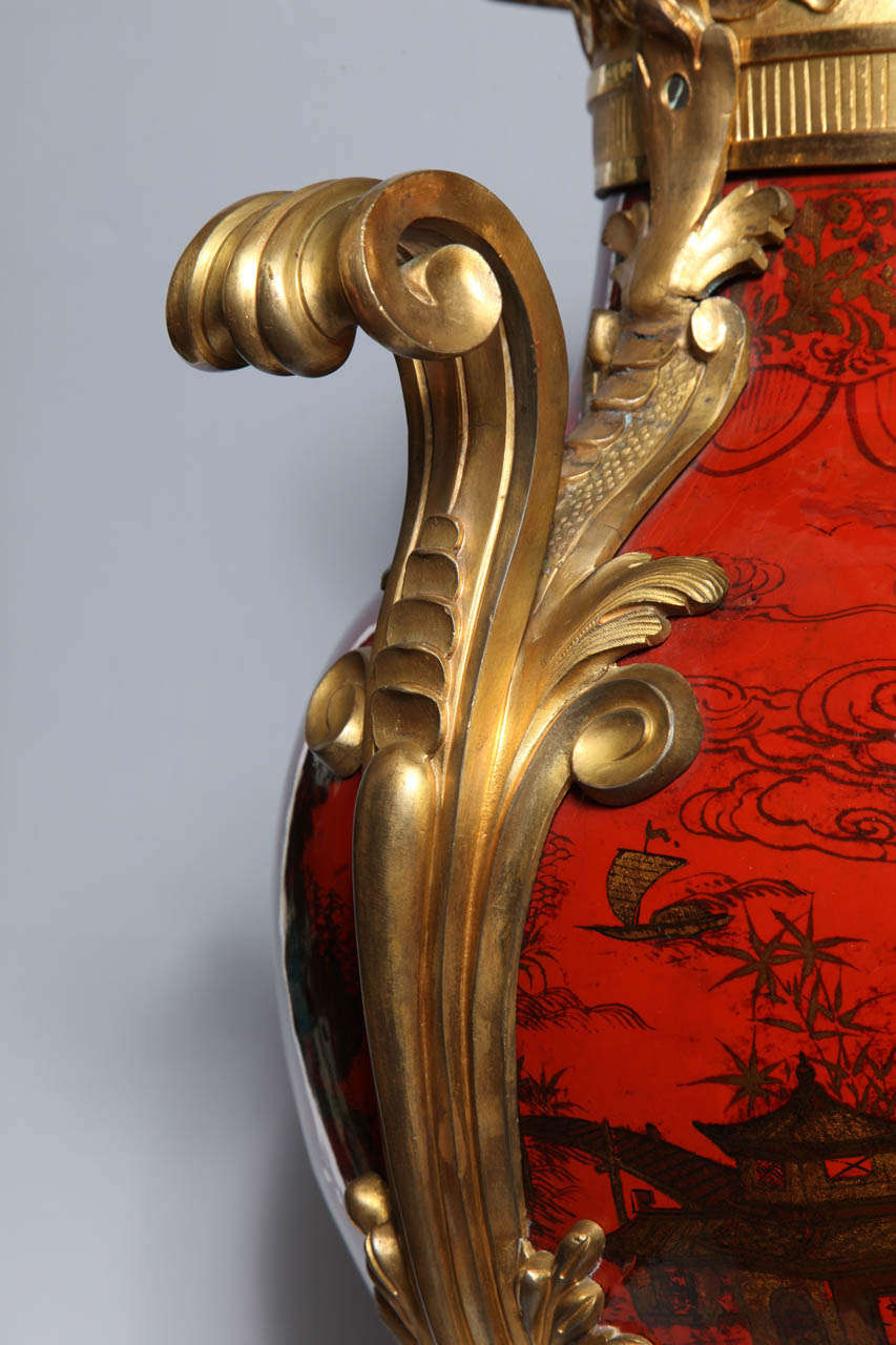 Bronze Large Pair of French Red Lacquer, Chinoiserie Decorated and Ormolu-Mounted Vases For Sale