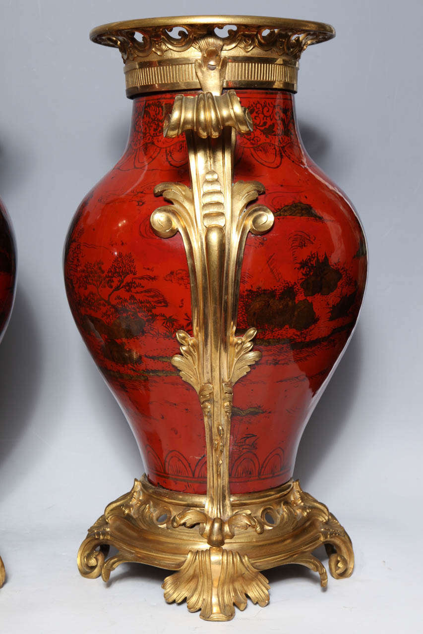 Large Pair of French Red Lacquer, Chinoiserie Decorated and Ormolu-Mounted Vases For Sale 1