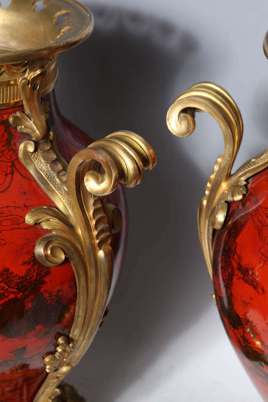 Large Pair of French Red Lacquer, Chinoiserie Decorated and Ormolu-Mounted Vases For Sale 2