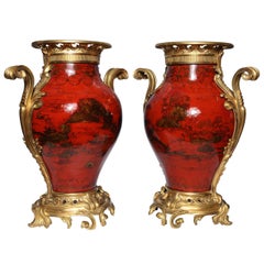 Large Pair of French Red Lacquer, Chinoiserie Decorated and Ormolu-Mounted Vases