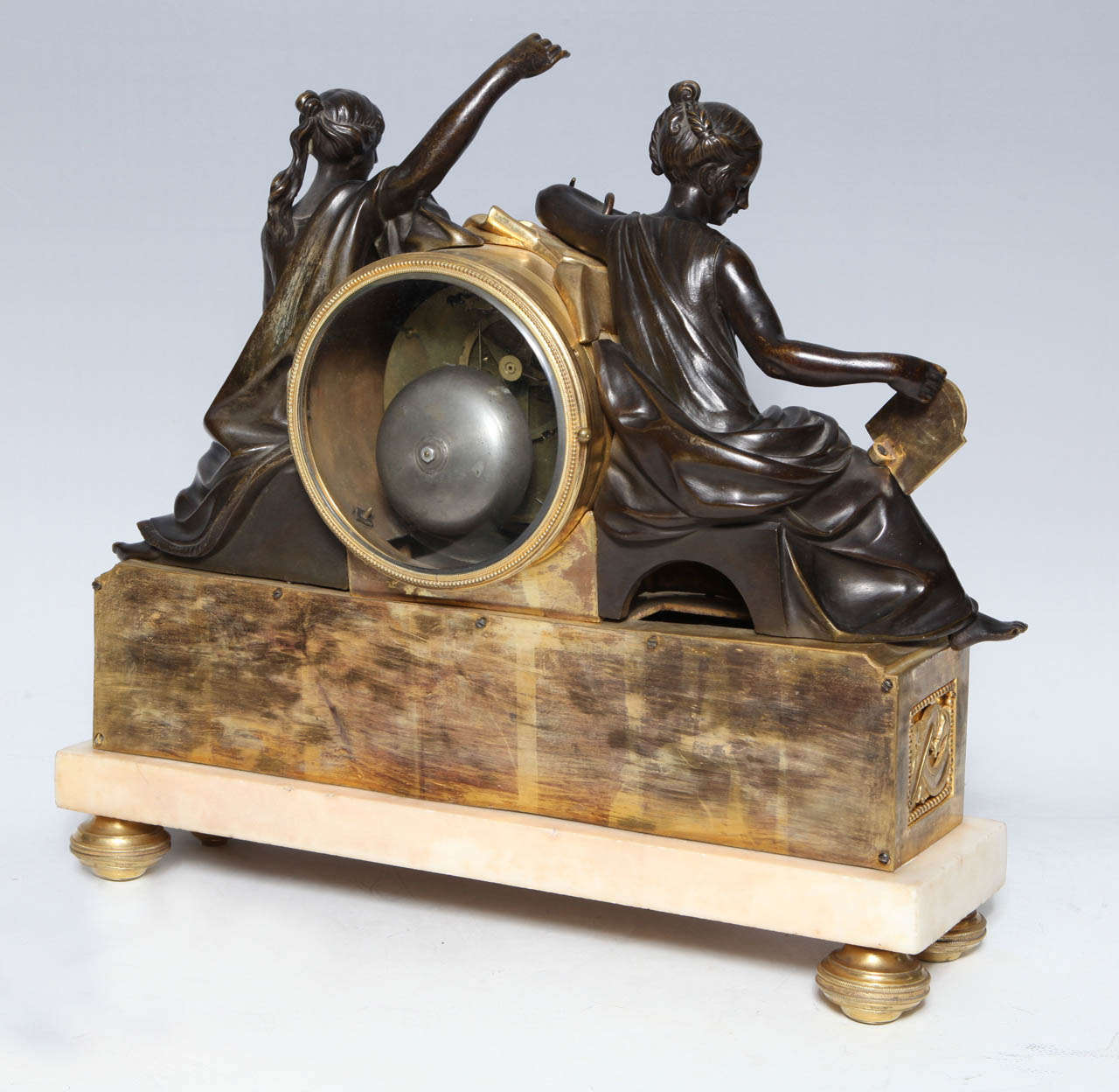 A Louis XVI Period Antique French, Patinated and Dore Bronze Mounted Figural Clock For Sale at