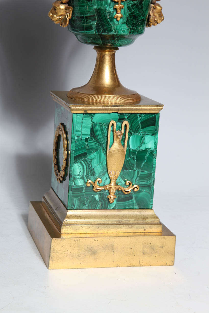 A Fine Pair of Antique Russian Empire Ormolu Mounted Malachite Covered