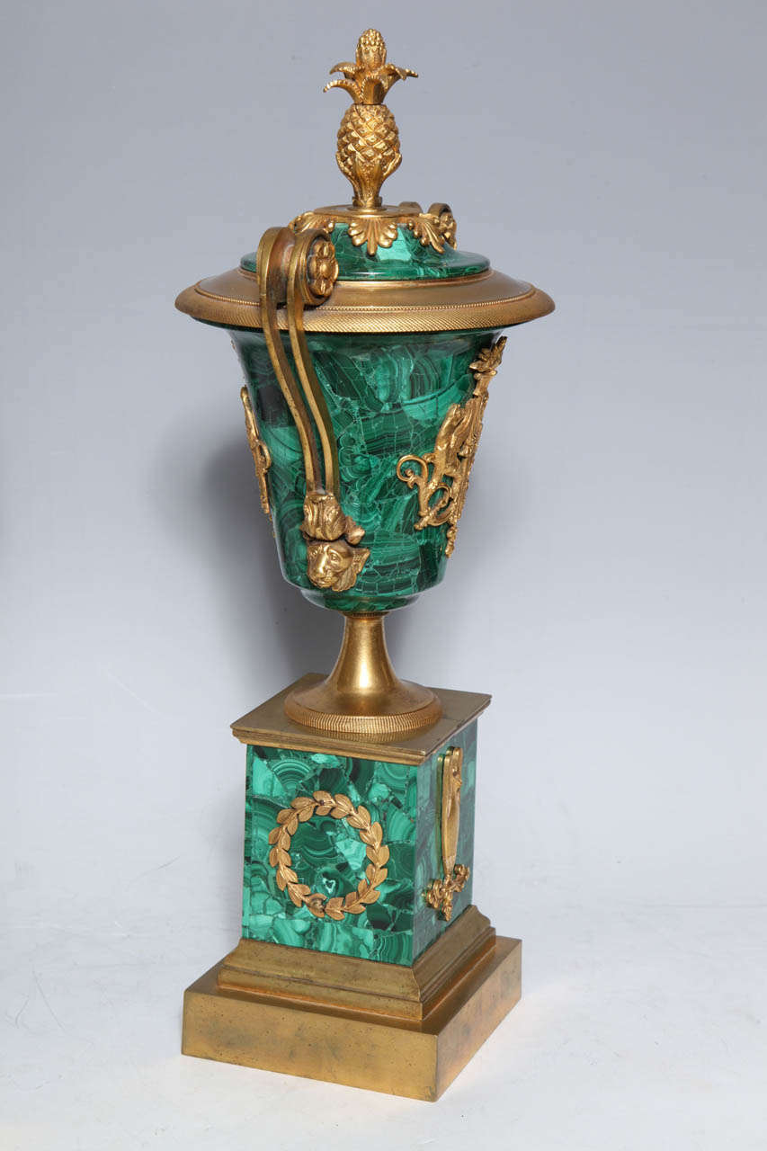 A Fine Pair of Antique Russian Empire Ormolu Mounted Malachite Covered