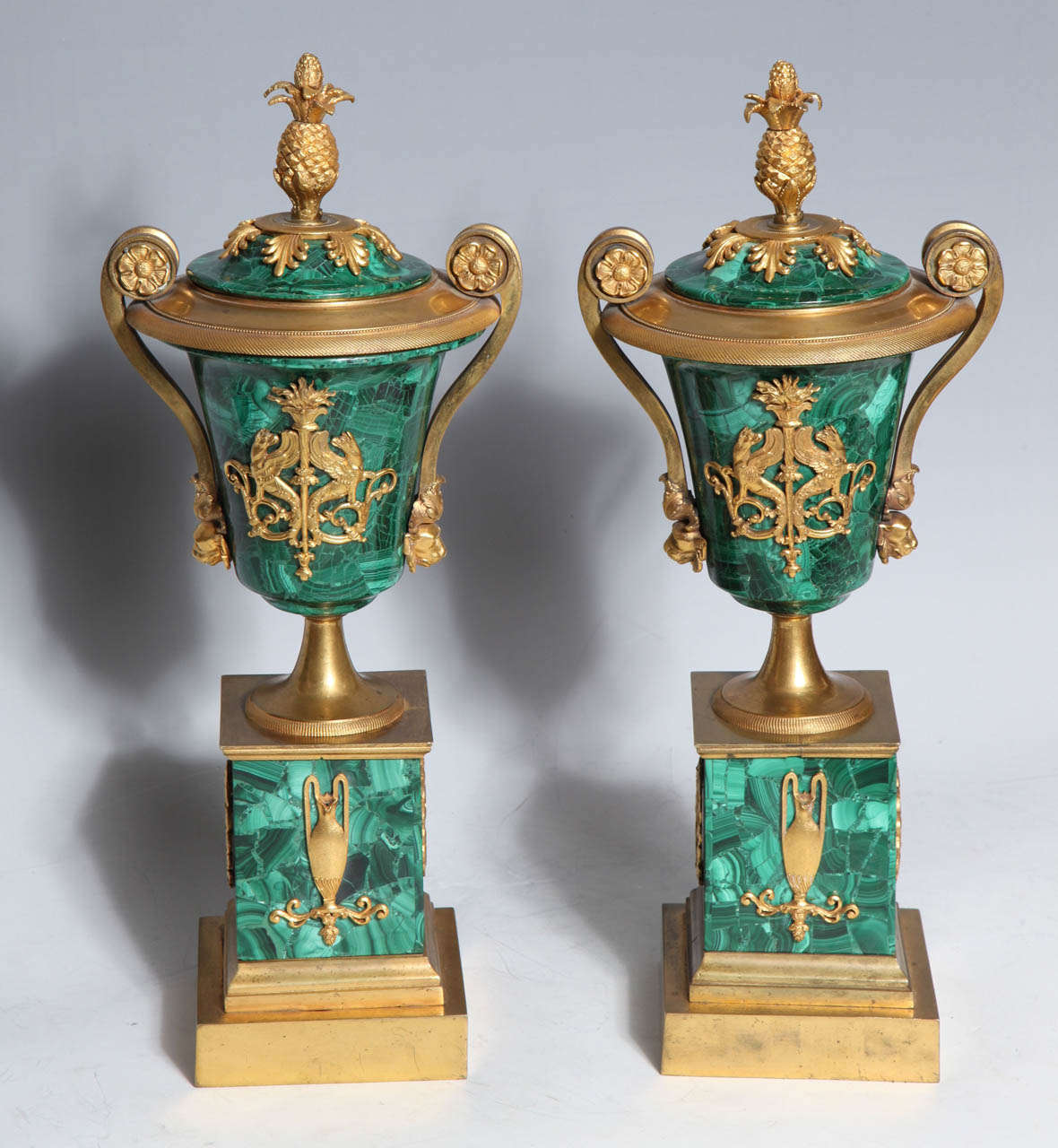A Fine Pair of Antique Russian Empire Ormolu Mounted Malachite Covered