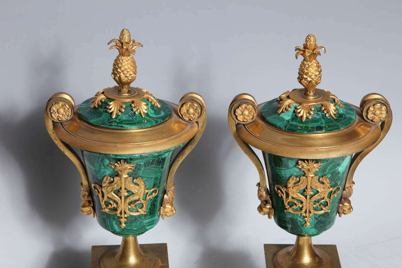 A Fine Pair of Antique Russian Empire Ormolu Mounted Malachite Covered