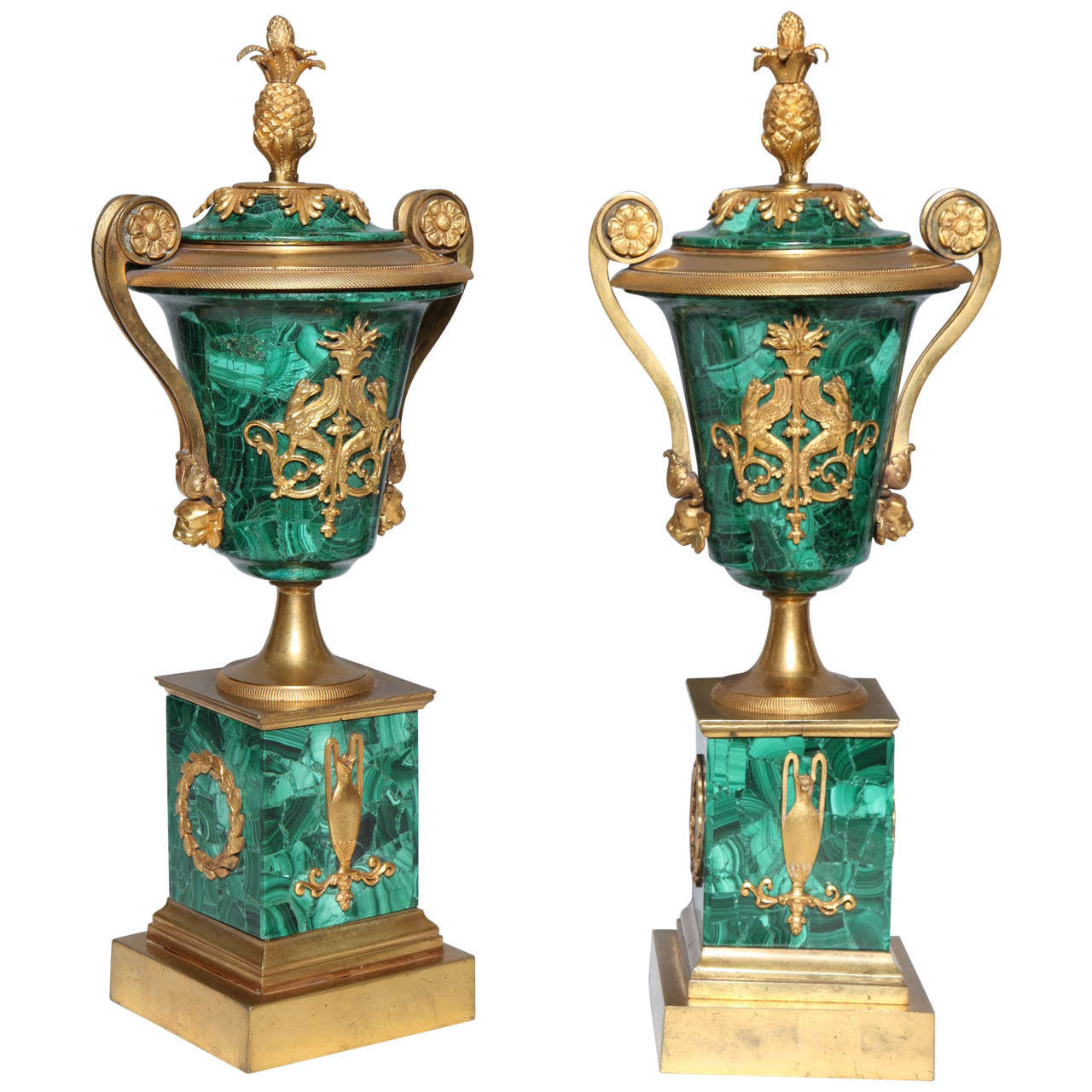 A Fine Pair of Antique Russian Empire Ormolu Mounted Malachite Covered