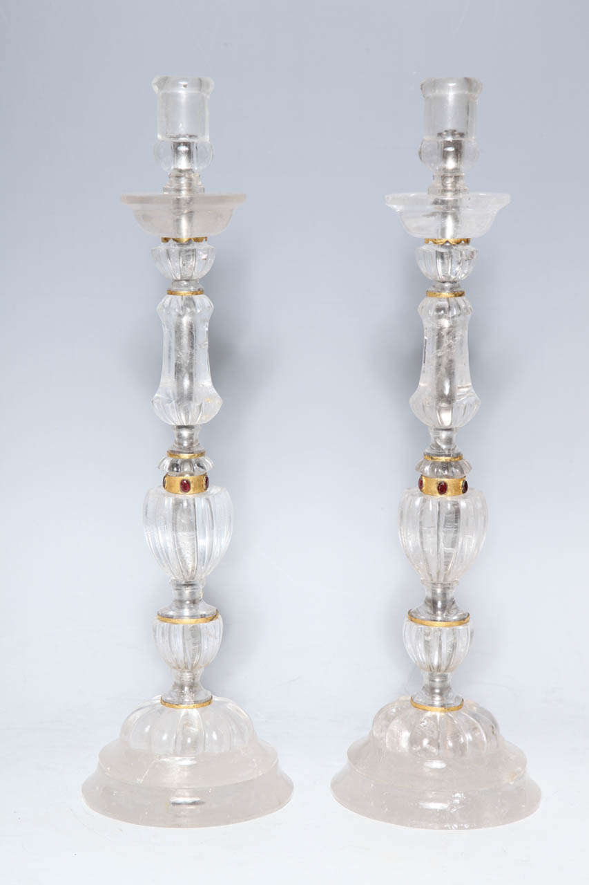 An Antique Pair French Art Deco Rock Crystal Candlesticks Attributed to