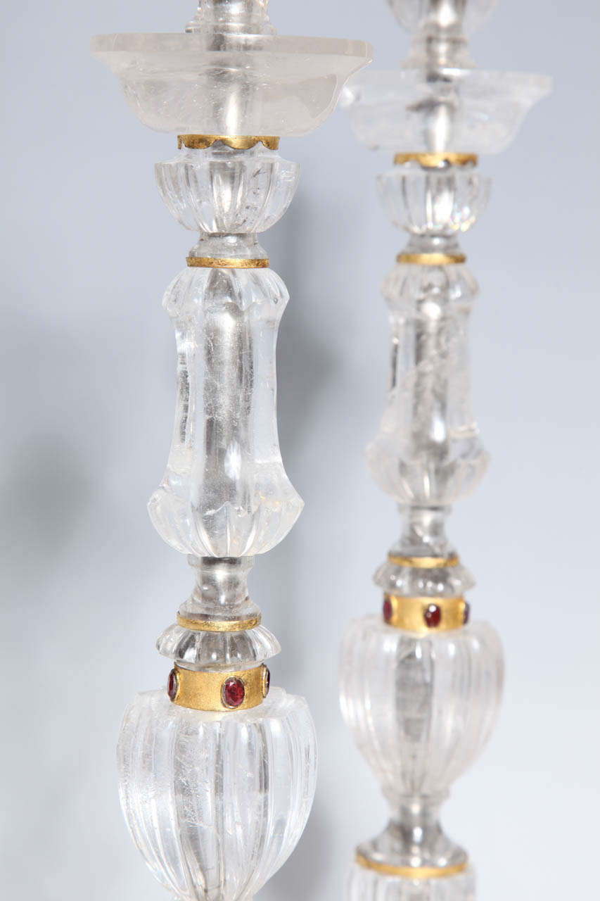 An Antique Pair French Art Deco Rock Crystal Candlesticks Attributed to