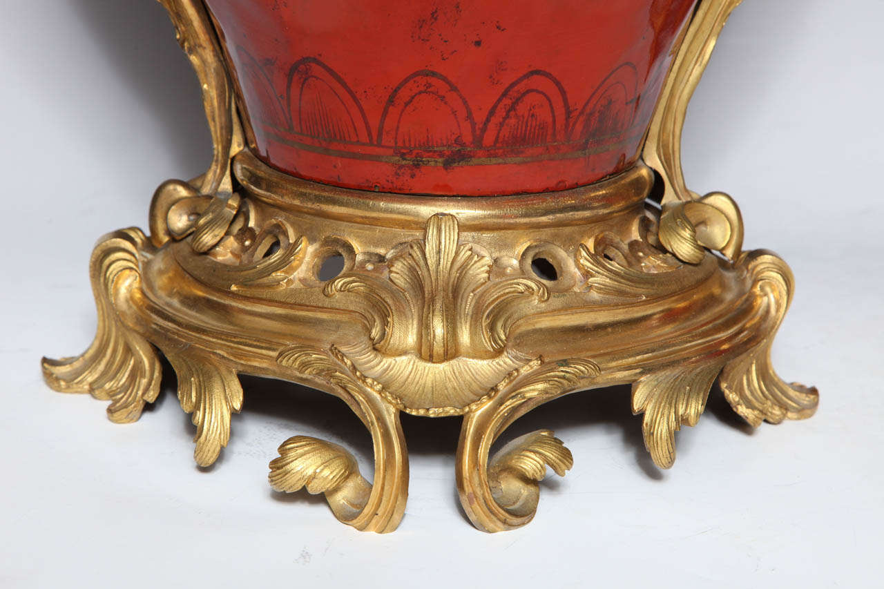 Large Pair of French Red Lacquer, Chinoiserie Decorated and Ormolu