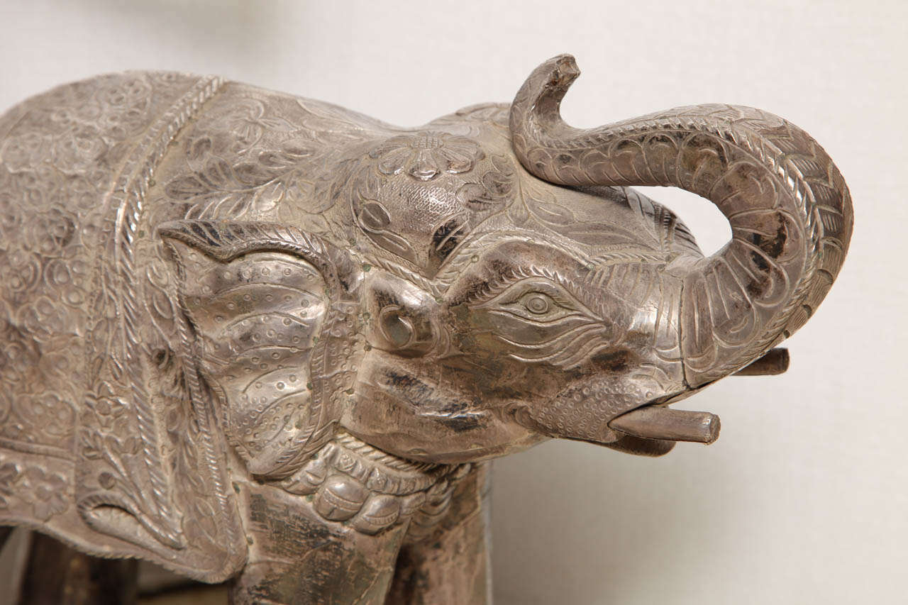Pair Indian Silver Clad Elephant Shaped Table Lamps In Distressed Condition In New York, NY