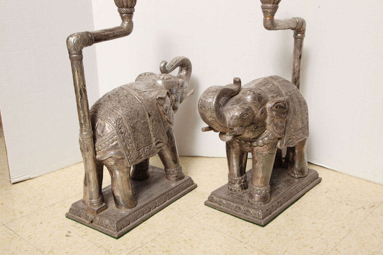 Pair Indian Silver Clad Elephant Shaped Table Lamps 1