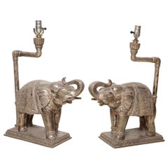 Vintage Pair Indian Silver Clad Elephant Shaped Table Lamps