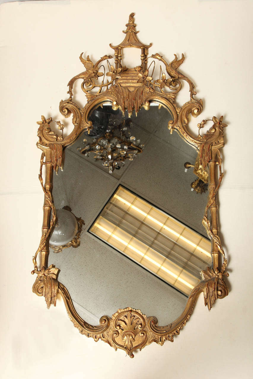 Chinoiserie Gilt Wood and Gesso Mirror with Ho Ho Birds on Top