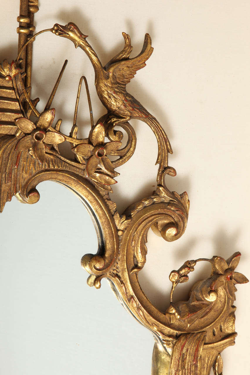 Unknown Chinoiserie Gilt Wood and Gesso Mirror with Ho Ho Birds on Top