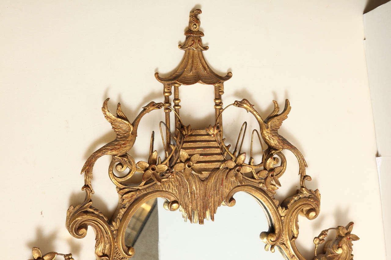 Chinoiserie Gilt Wood and Gesso Mirror with Ho Ho Birds on Top In Good Condition In New York, NY