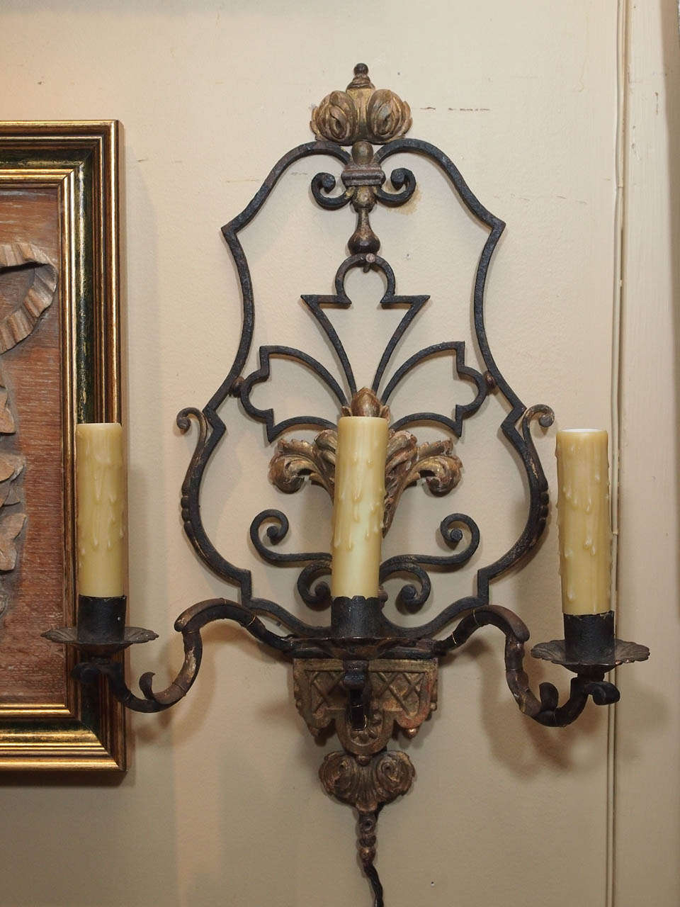Pair 19th century Italian wrought iron 3 arm sconces with gilt wood elements.  US wired.