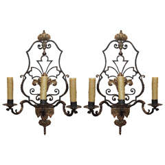 Pair Italian Iron & Wood Sconces