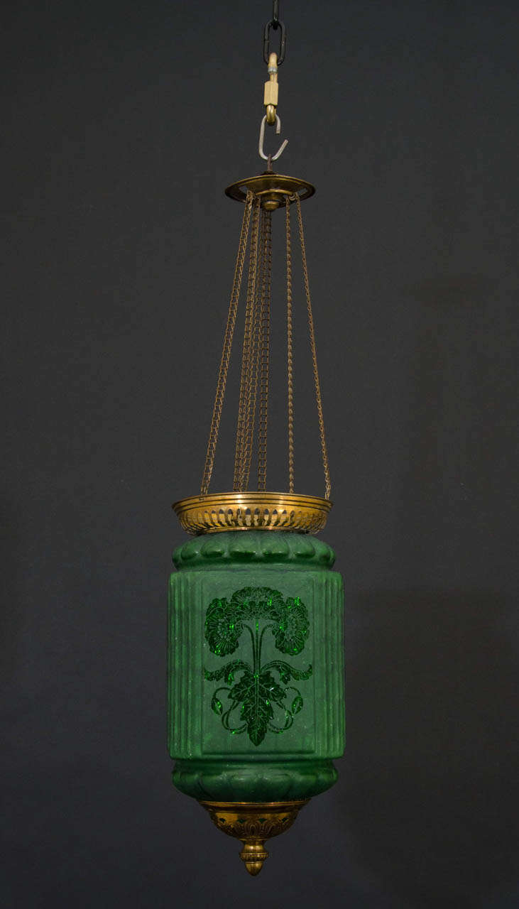 Etched Green Glass Rise And Fall Lantern With Art Nouveau Floral Motif.