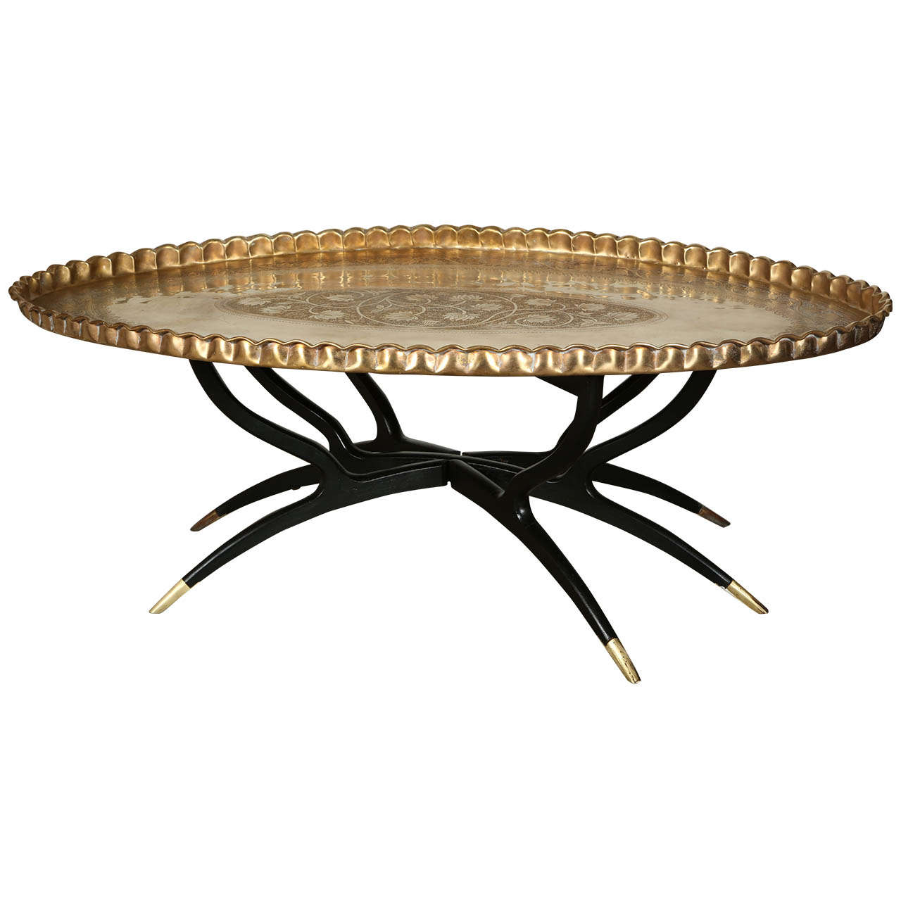 Moroccan Mid Century Oval Brass Tray Table with Spider Leg Base