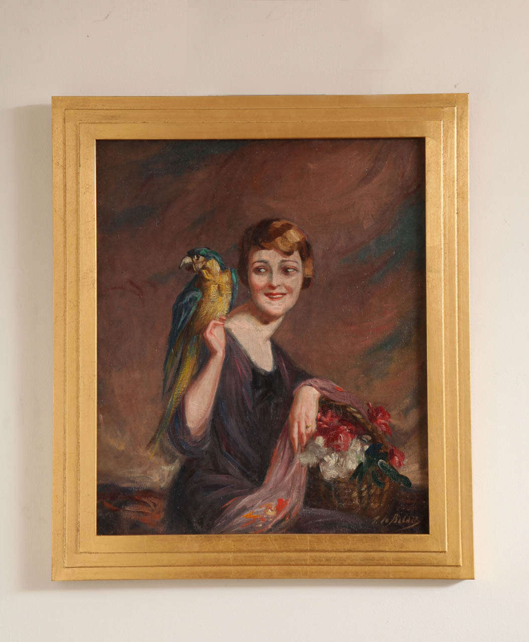 Pierre Mitiffiot De Bélair (1892-1956).
"Woman with Parrot" oil on canvas, circa 1930.
Signed lower right, 21 ¾ x 18.