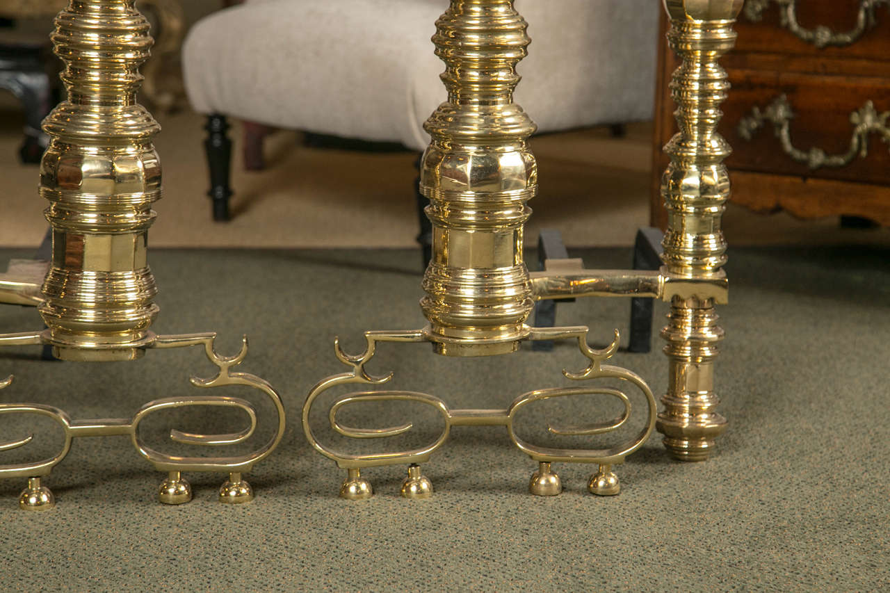 Early 20th Century Pair of Monumental Brass Andirons For Sale