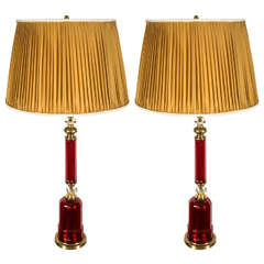 Pair of rubis red cristal and gilt bronze table lamps