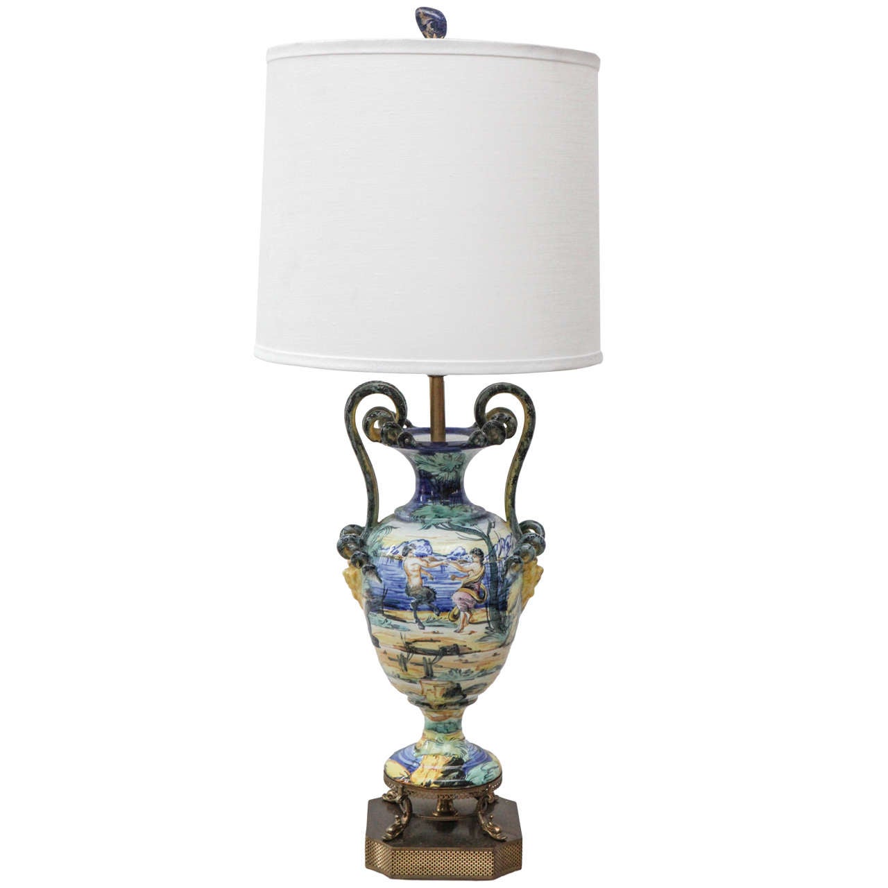 Ornate Urn Lamp with Handles and Hand Painted Details