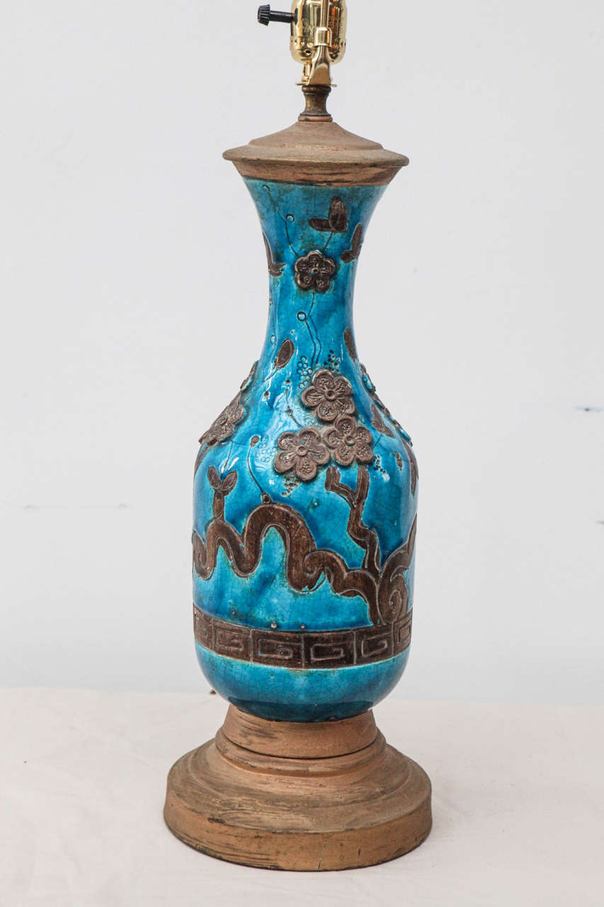 Mid-Century Modern Turquoise Blue French Pottery Table Lamp