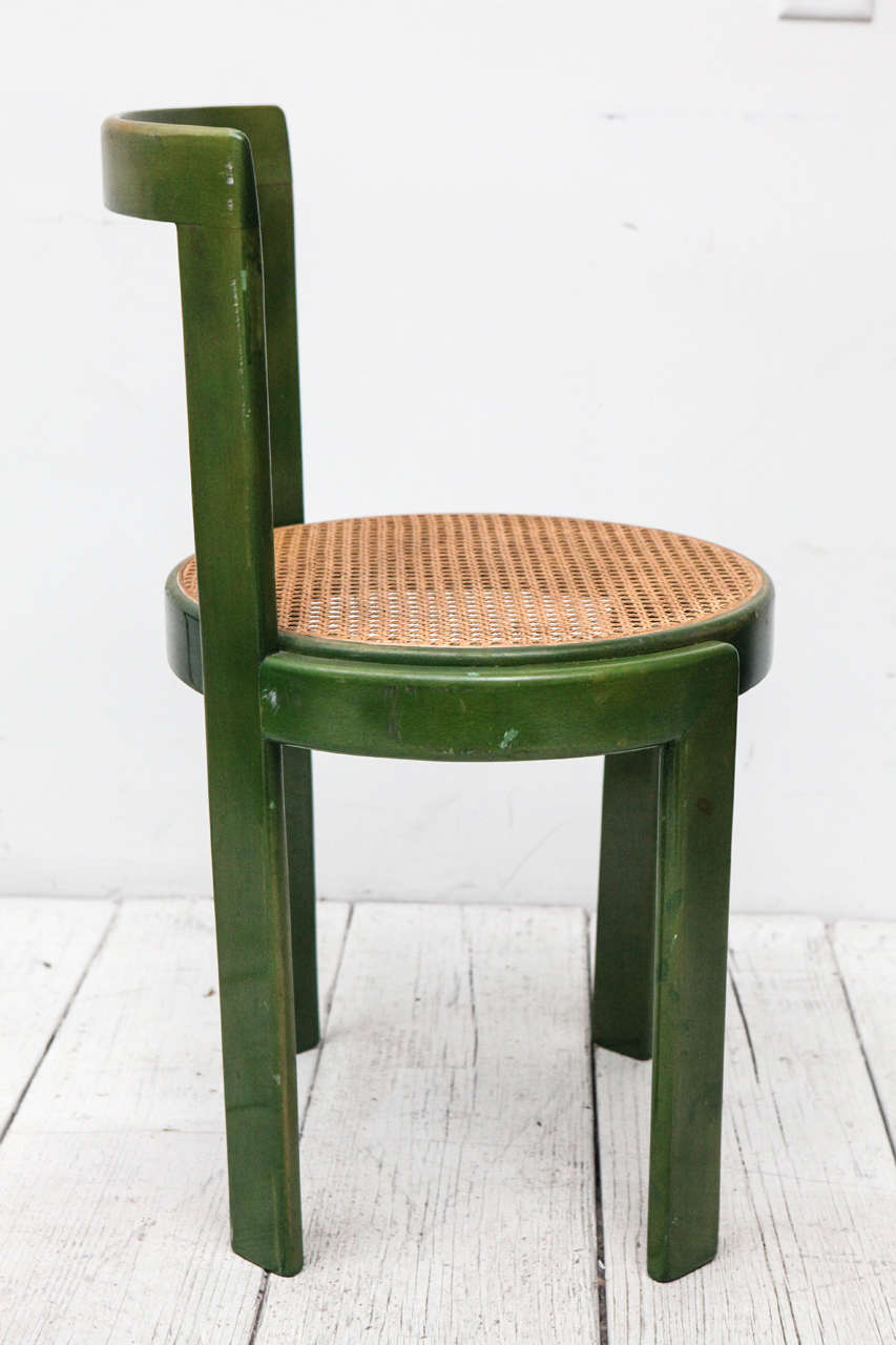 Mid-Century Modern Set of Four Green Stain and Cane Round Seat Dining Chairs