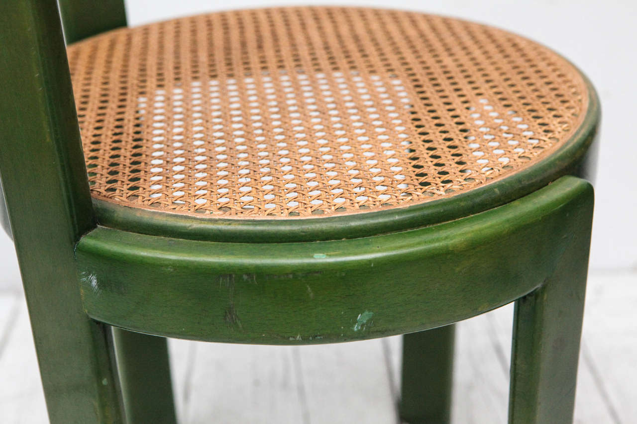 American Set of Four Green Stain and Cane Round Seat Dining Chairs