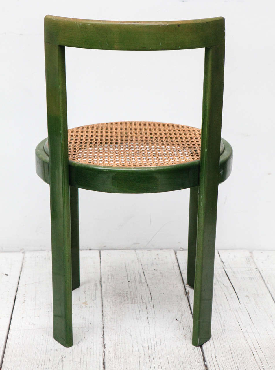 Set of Four Green Stain and Cane Round Seat Dining Chairs In Good Condition In Los Angeles, CA