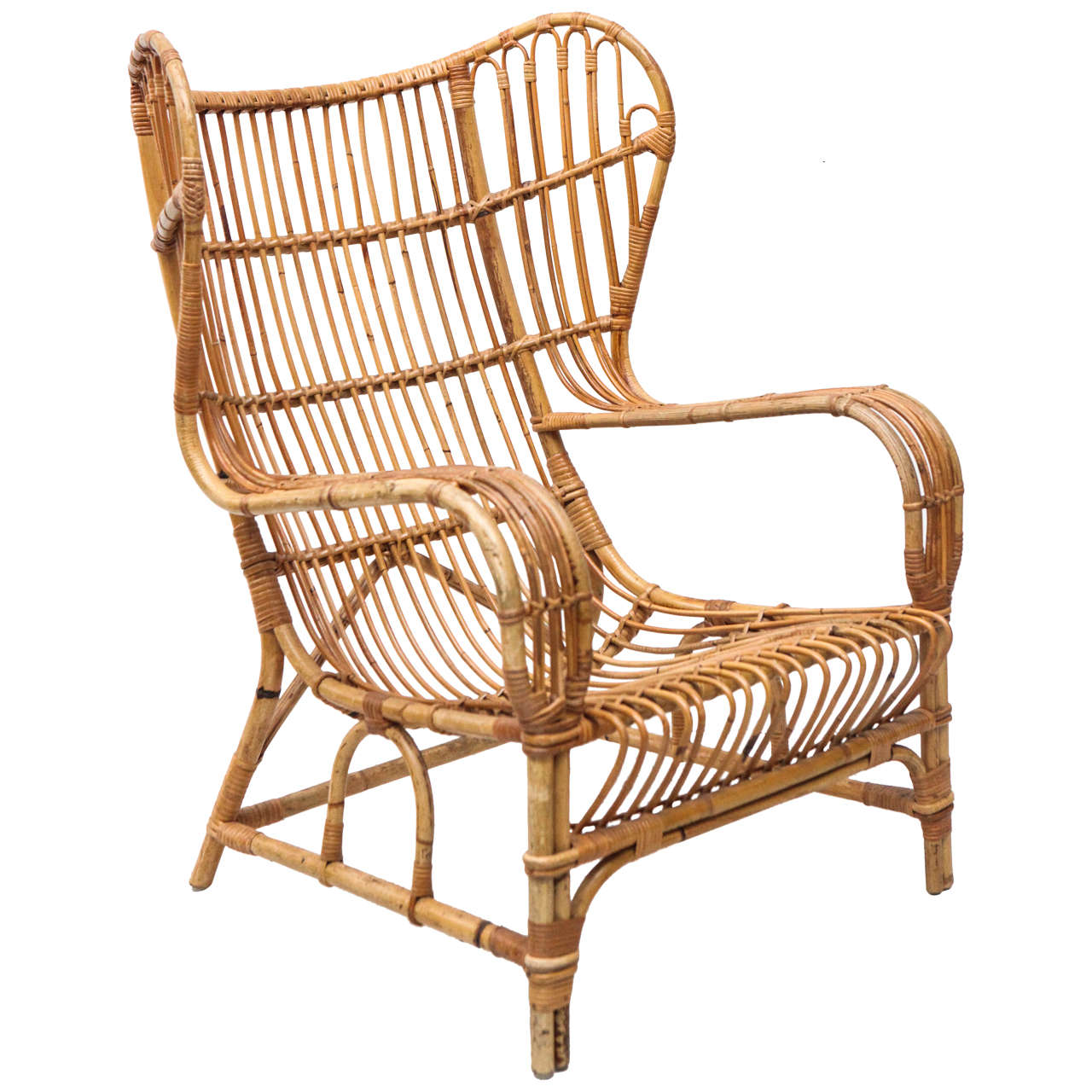 Vintage Bamboo and Cane Wingback Lounge Chair